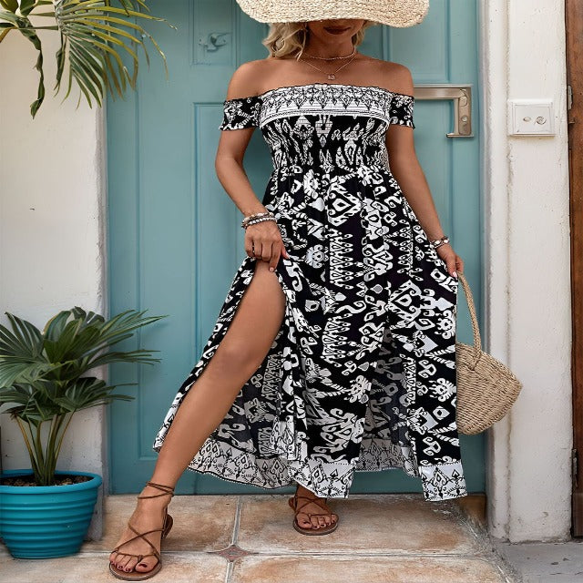 Printed Off-Shoulder Dress with Slit