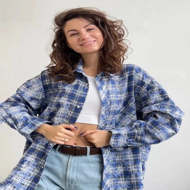 Unisex Blue Plaid Long Sleeve Shirt