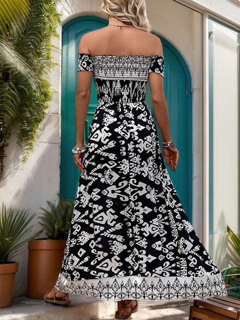 Printed Off-Shoulder Dress with Slit