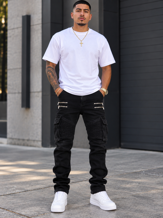 Men's Biker Zipper Washed Straight Fit Jeans