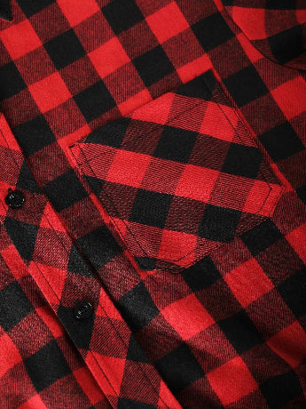 Close-up of a red and black checkered shirt with a pocket.