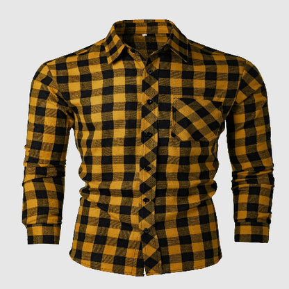 Yellow and black checkered shirt on a light gray background