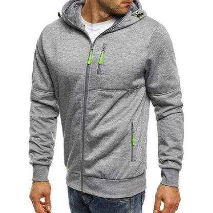 Gray hoodie with green zippers on a white background