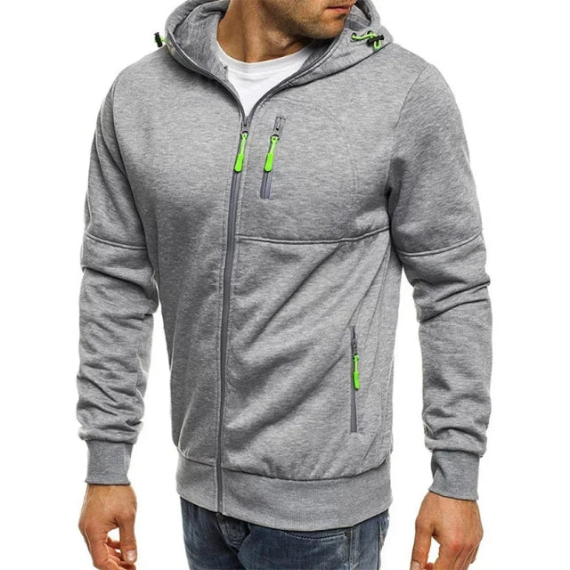 Gray hoodie with green zippers on a white background