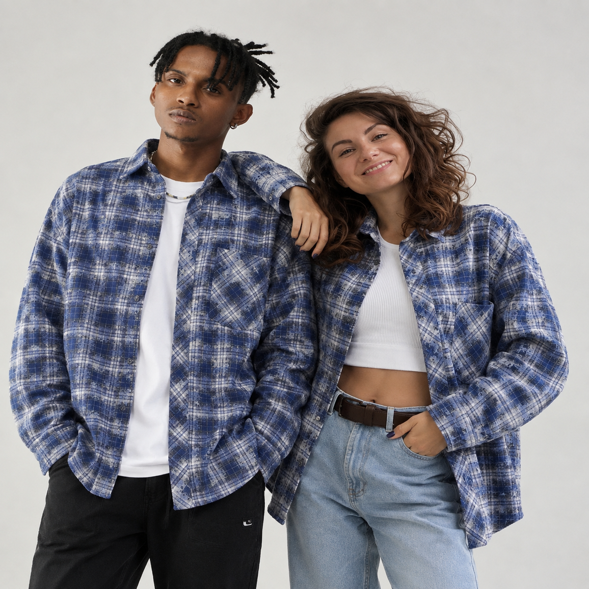 Unisex Blue Plaid Long Sleeve Shirt